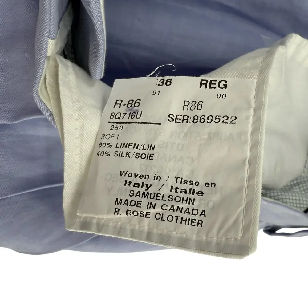 Samuelsohn Size 36 Reg Blue Linen Silk Dress Pants Woven in Italy Made in Canada